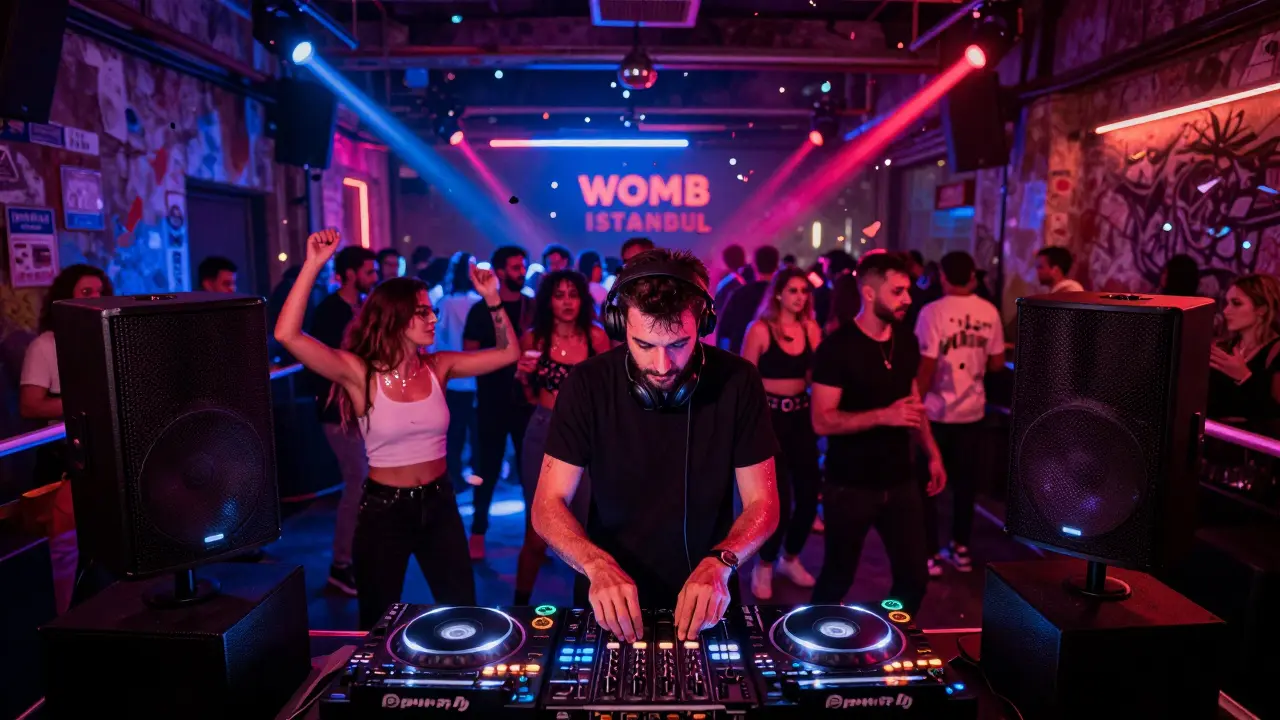 Crowd dancing energetically in an underground Istanbul club with pulsing neon lights and a DJ at the decks.