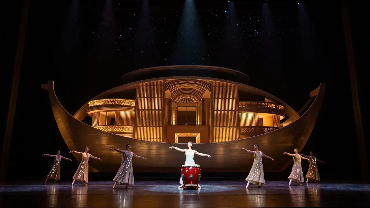 Dancers in LED-robes perform a ballet under starry lights inside the Dubai Opera.