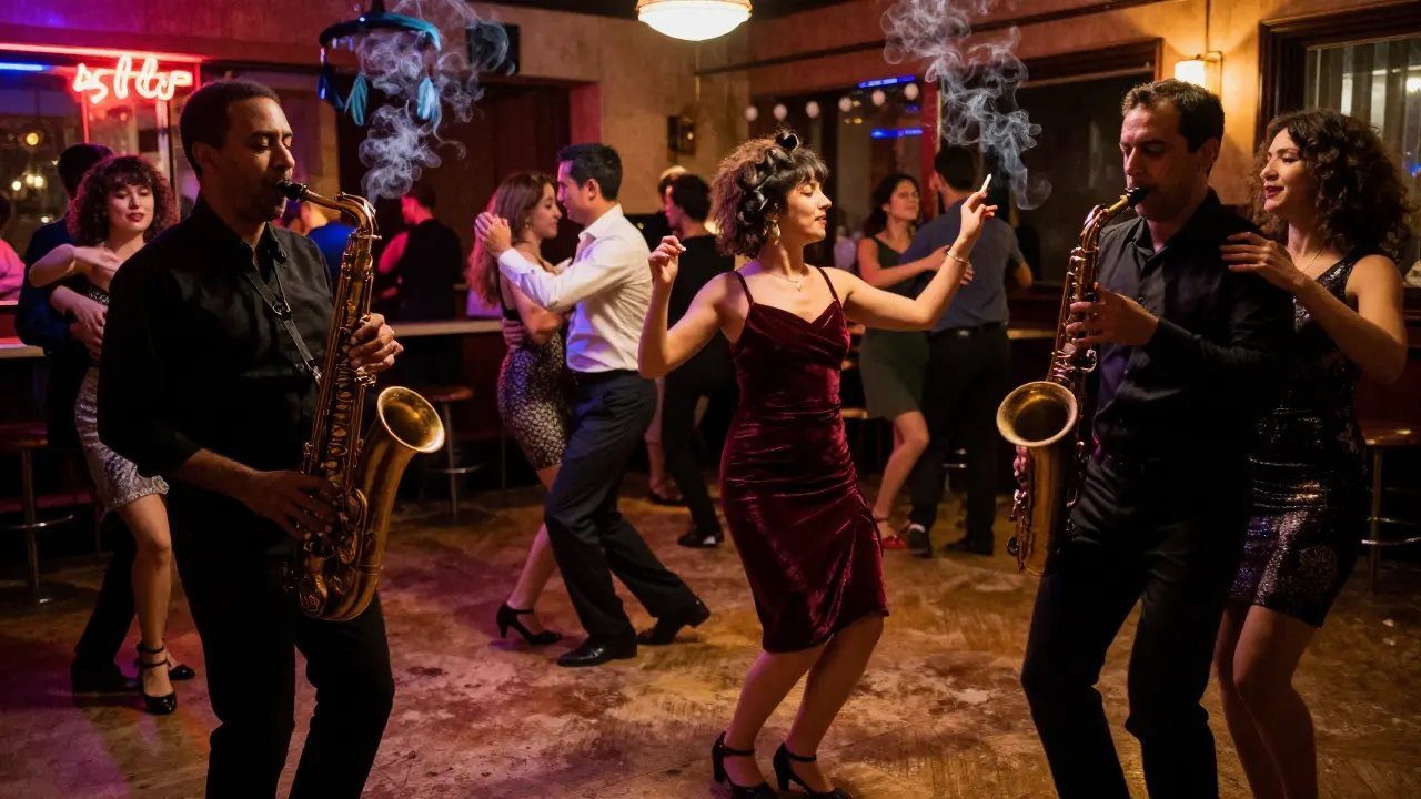 Dancers move on a crowded floor in a historic Paris dance hall, under flickering lights and the glow of a saxophone player.