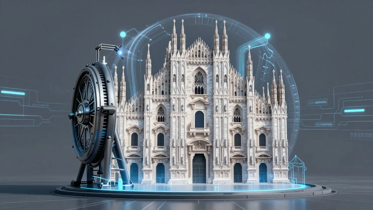 Digital vault protecting Milan cathedral silhouette abstractly