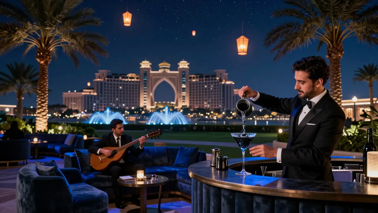 Elegant outdoor lounge at Emirates Palace with floating lanterns and starry sky.