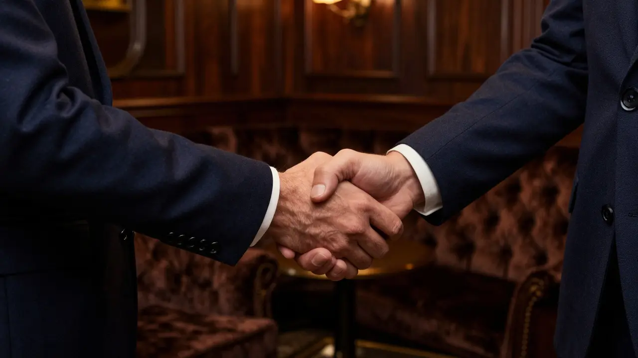 Formal handshake in a luxury private club setting