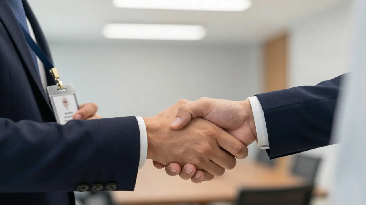 Handshake with official ID badge exchange close up