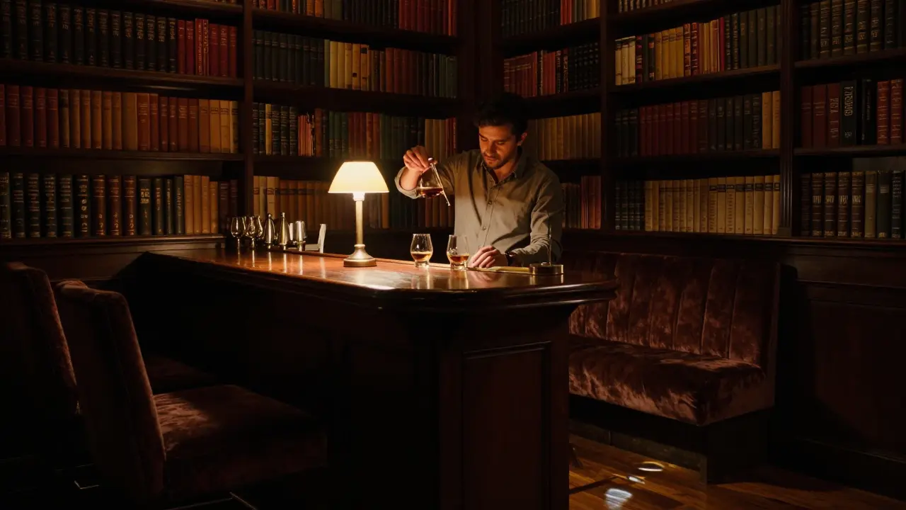 Hidden whiskey bar beneath a bookstore with warm lighting and vintage books.