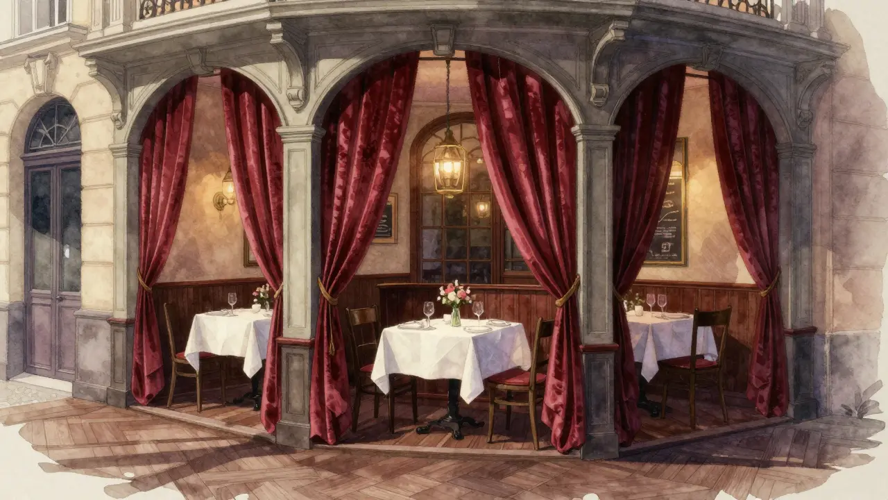 Illustrated vintage trattoria corner with velvet curtains
