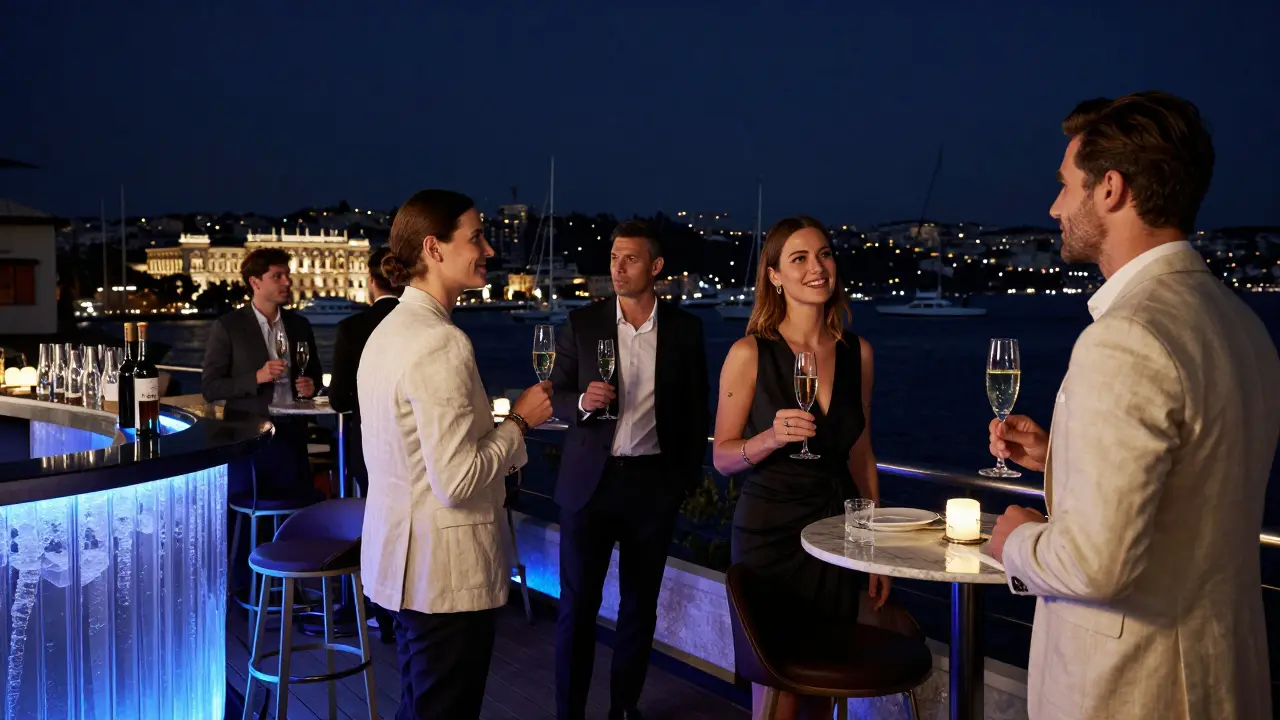 Luxury rooftop bar patrons enjoying cocktails with city skyline in background.