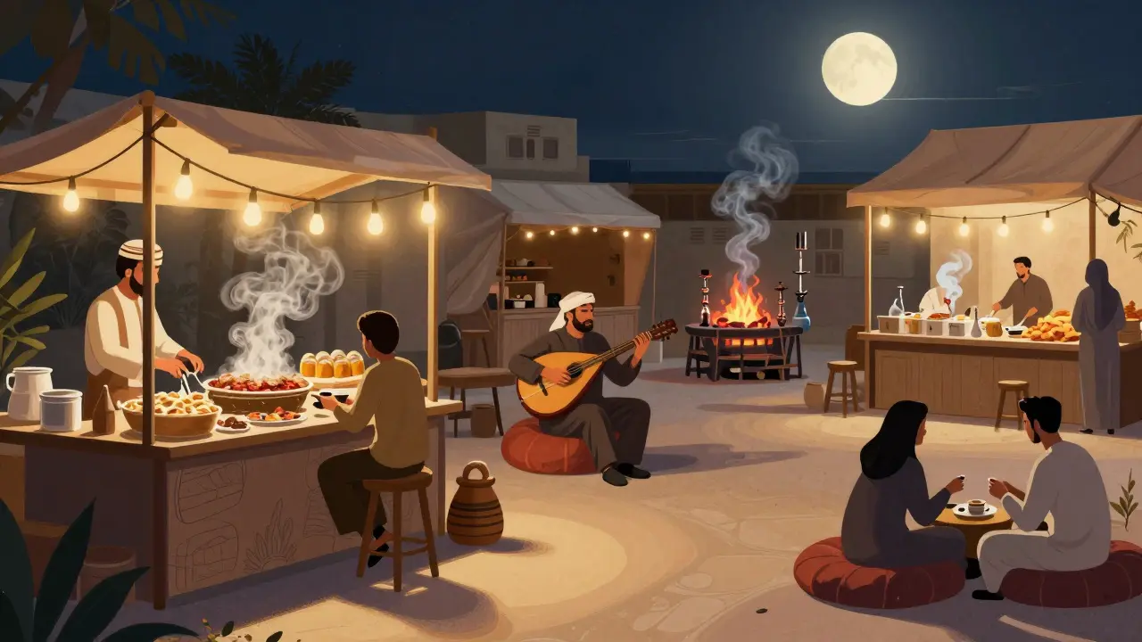 Night market under string lights with oud player and shisha lounge in the background.