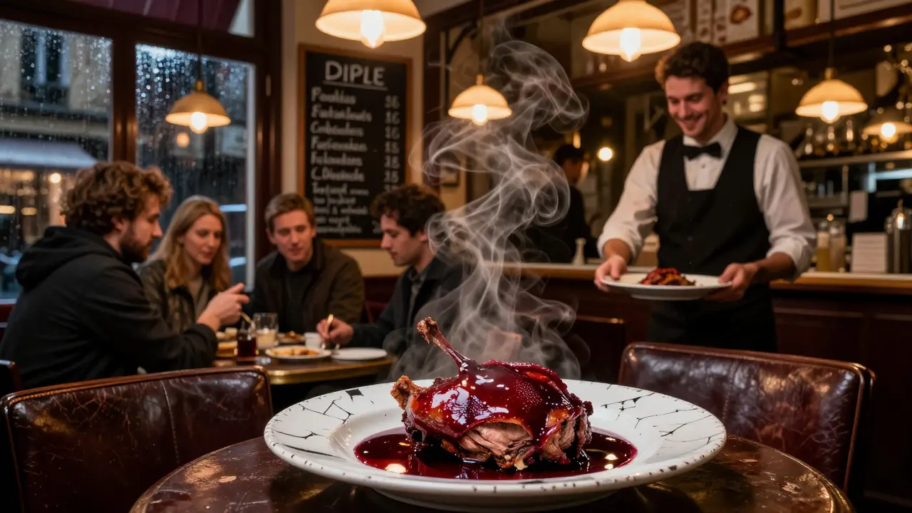 Patrons enjoy duck confit at a bustling Paris bistro late at night, lit by warm pendant lamps and steam rising from plates.