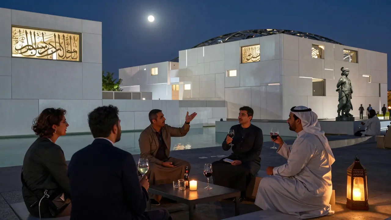People gather peacefully at Louvre Abu Dhabi during an evening cultural event, sharing stories under lantern light.
