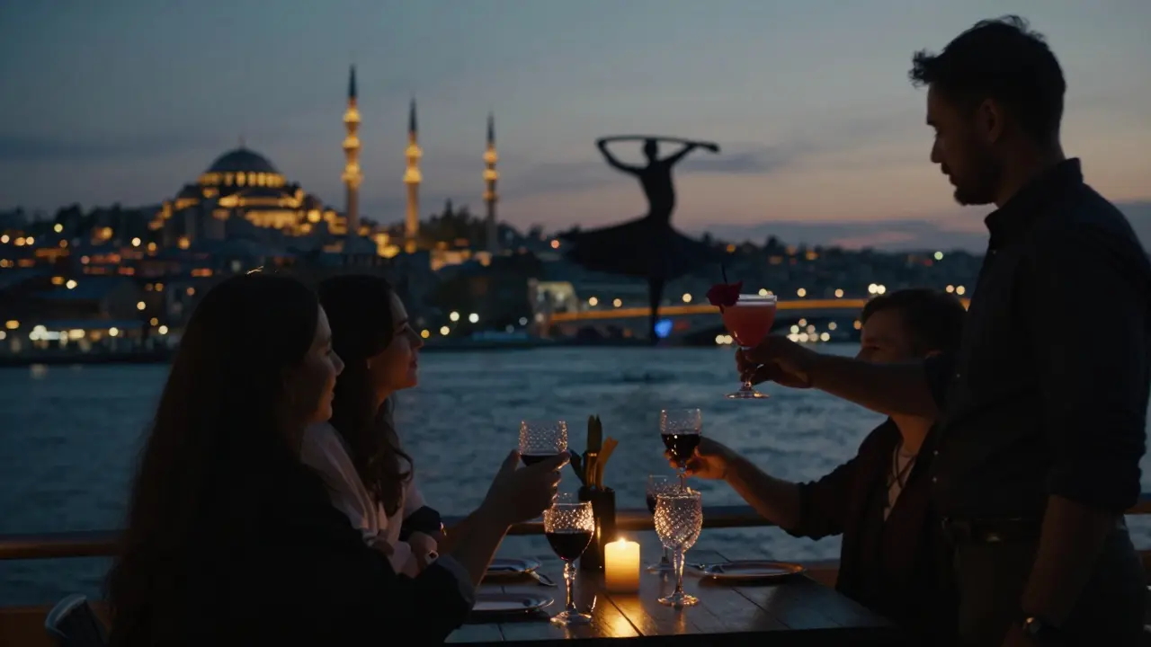 People on a Bosphorus rooftop bar at twilight, city lights and minarets glowing behind them as they toast with drinks.