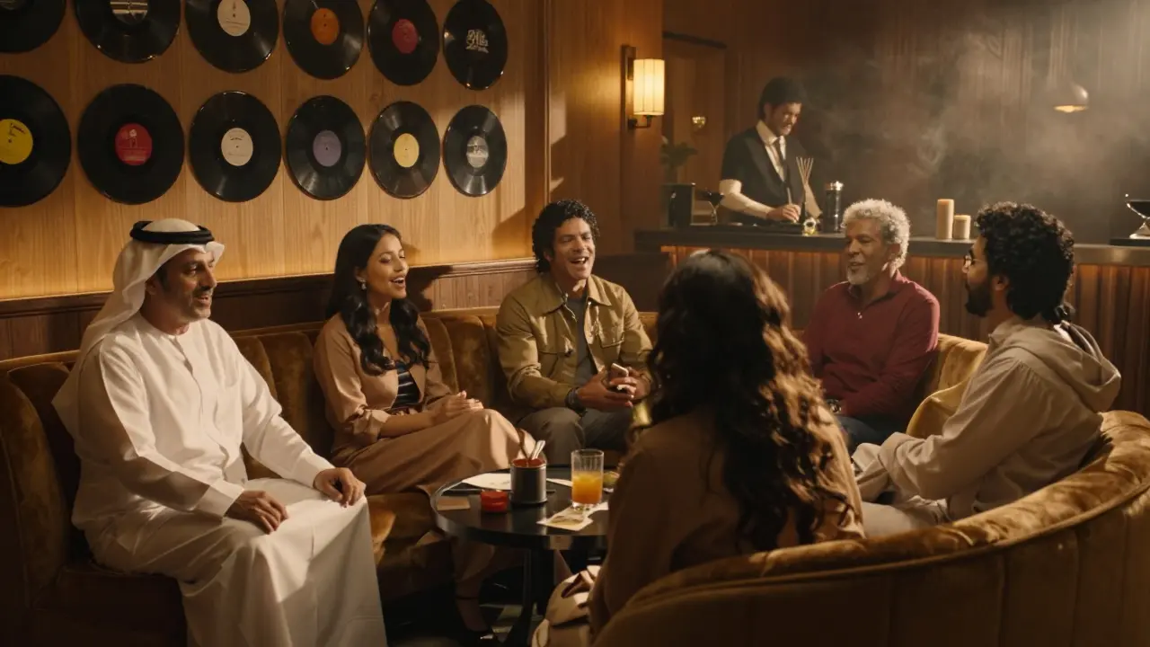 People singing Michael Jackson in a 1970s-style lounge with velvet booths and warm golden lighting.