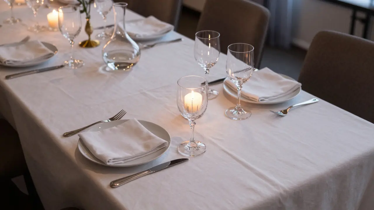 Private dining table with crystal glasses and candlelight