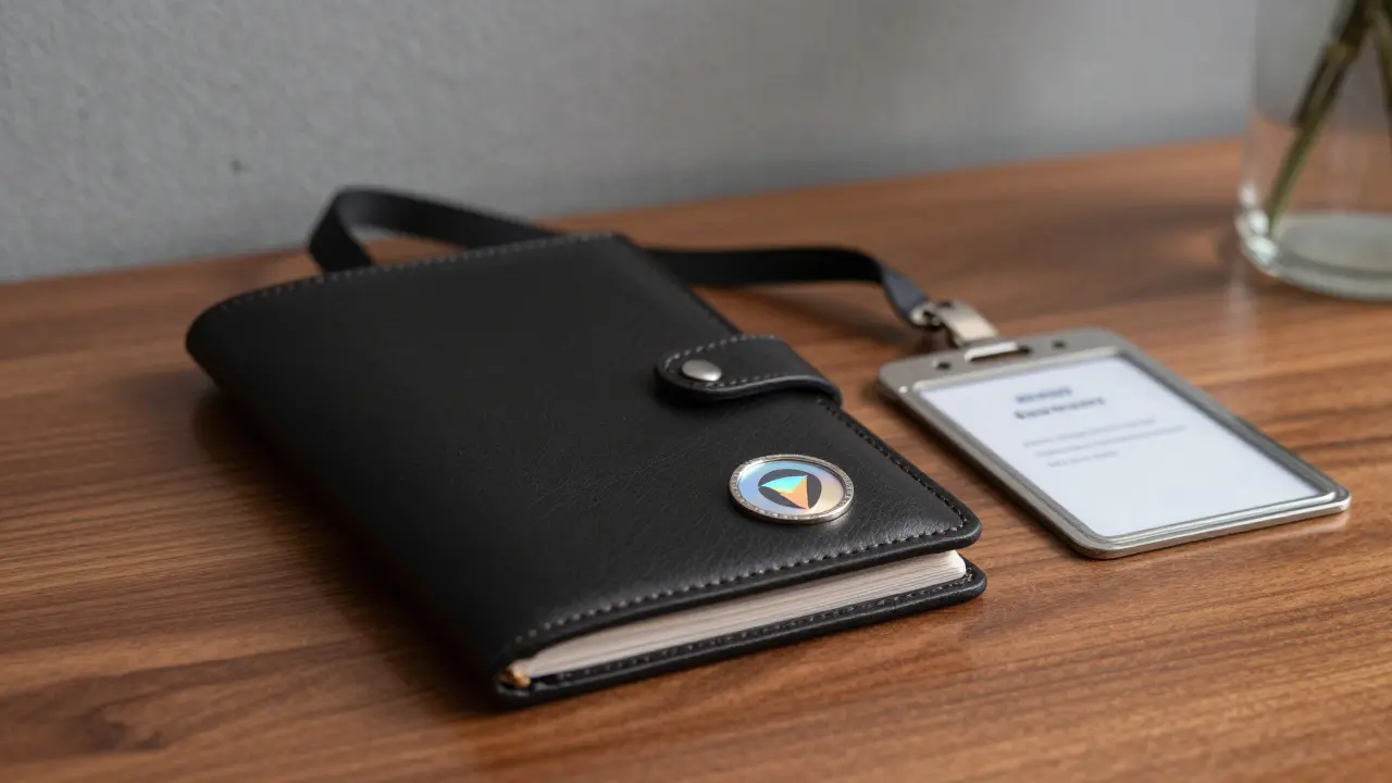 Professional documents and badge on desk