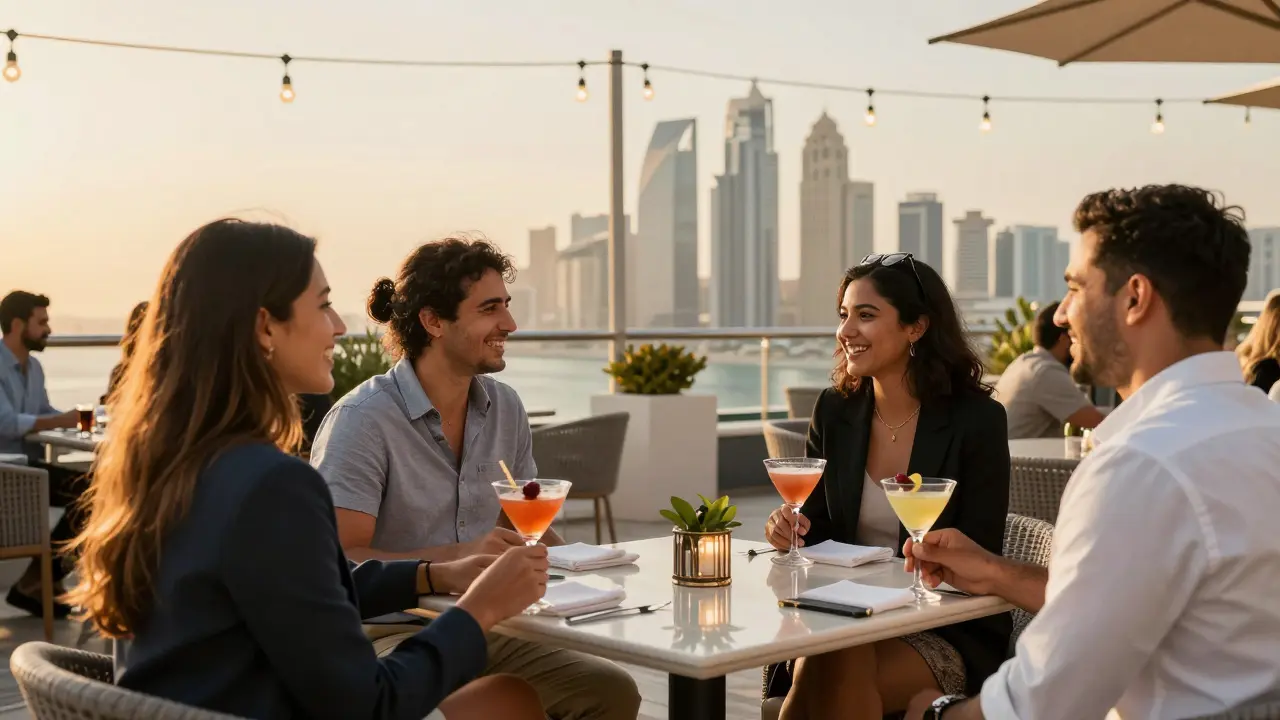 Professionals enjoy cocktails and conversation at a rooftop lounge in Abu Dhabi under soft lights.