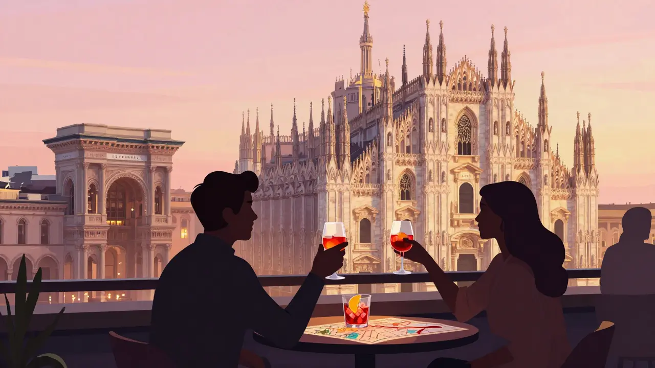 Rooftop bar at dawn overlooking Milan’s Duomo, guests silhouetted against morning skyline.