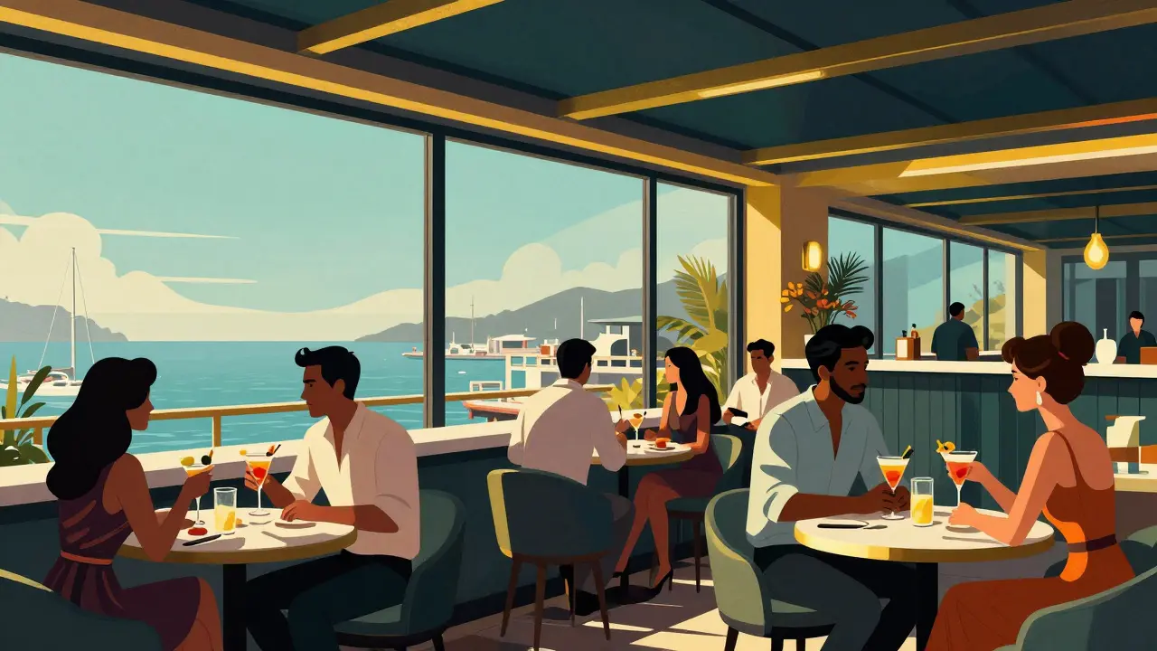 Rooftop bar interior with dressed patrons and marina views