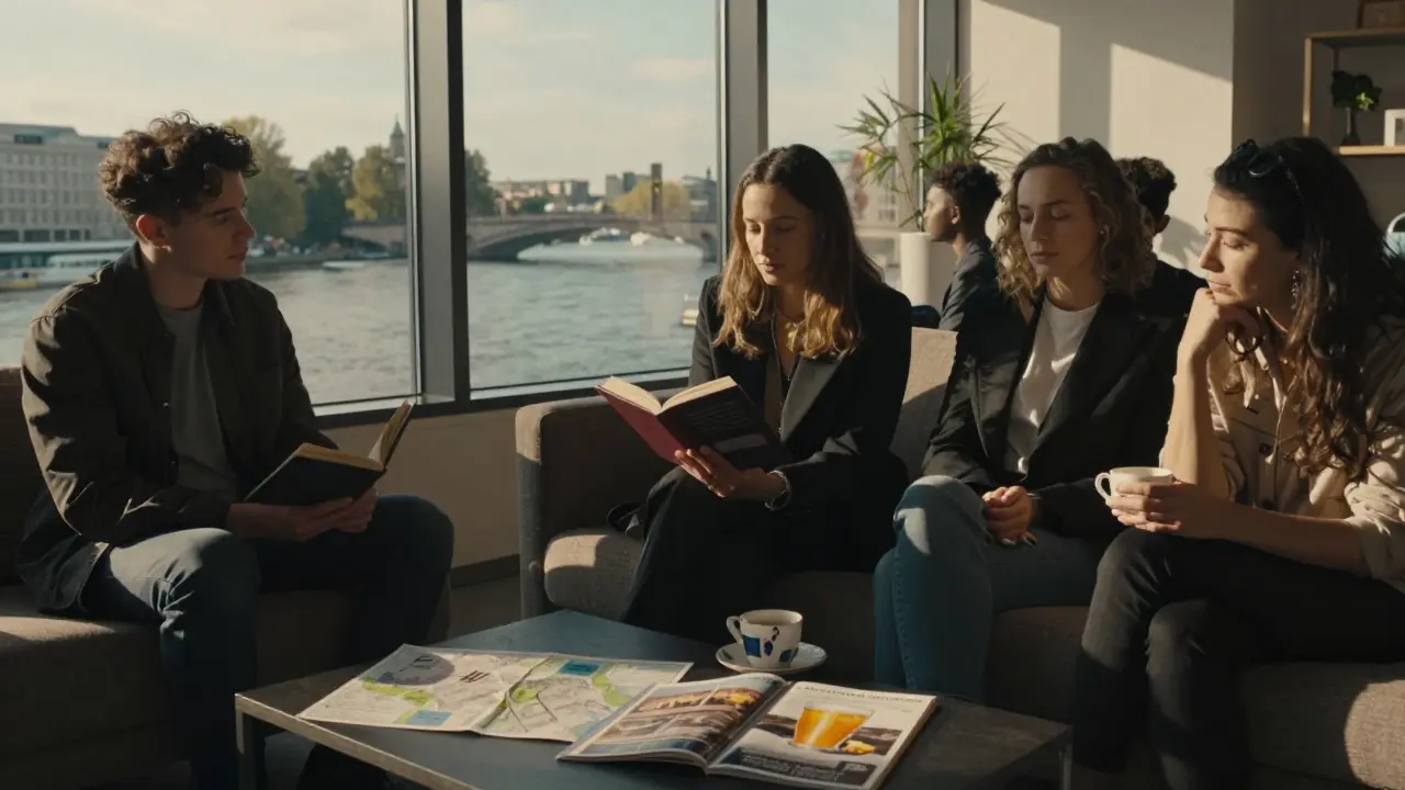 Three individuals enjoying a companionship session in a Berlin apartment, reading and relaxing together.