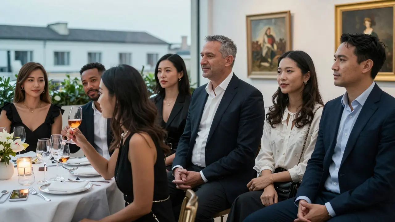 Three professionals at elite London events, each accompanied by a poised companion, embodying refined social presence.