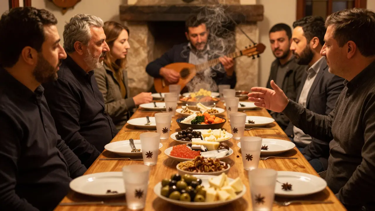 Traditional Turkish tavern guests sharing food and drinks at a long table.