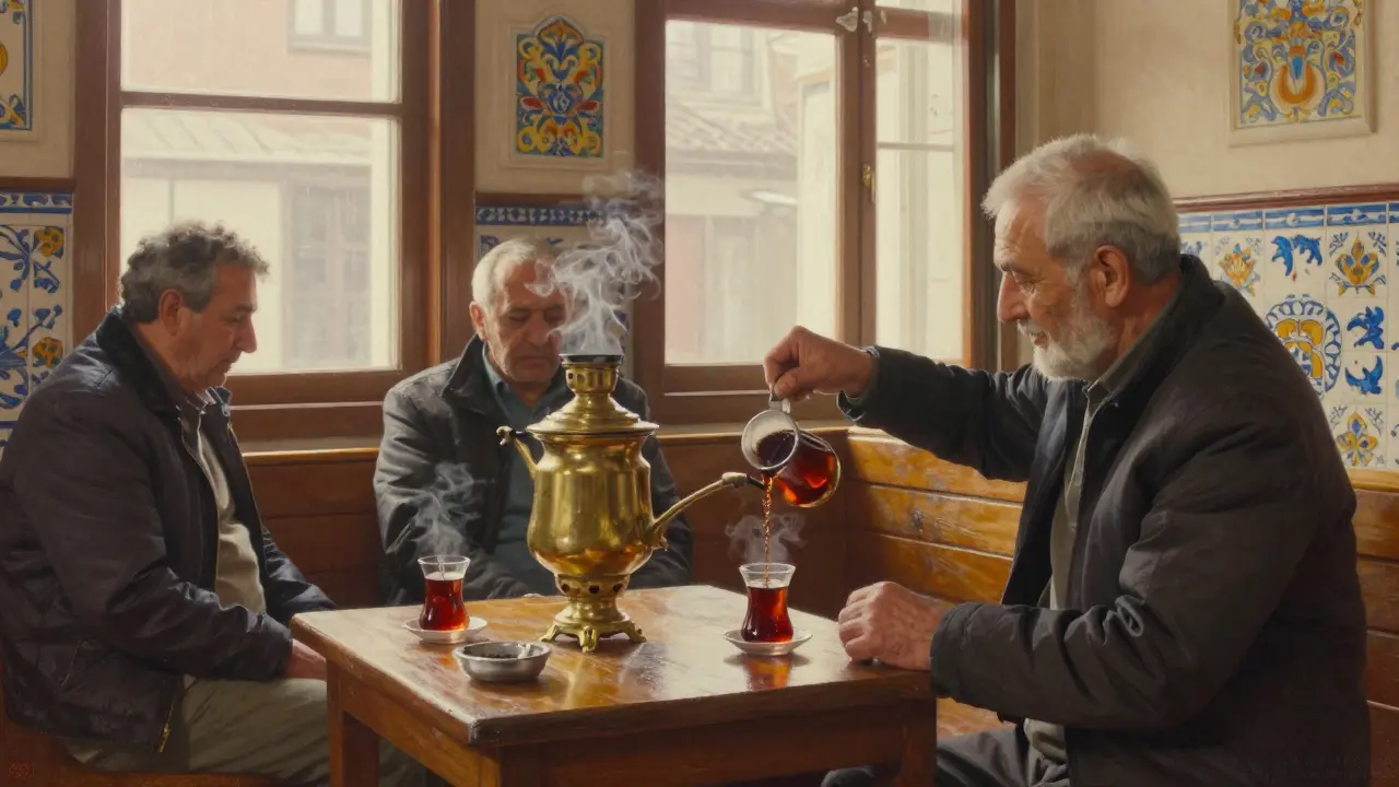 Traditional Turkish tea house at dawn with samovar and quiet patrons.