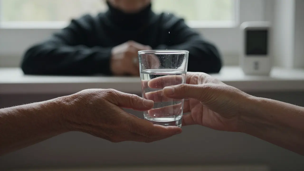 Two hands nearly touch as one offers a glass, a silver ring and black turtleneck visible in the blurred background.