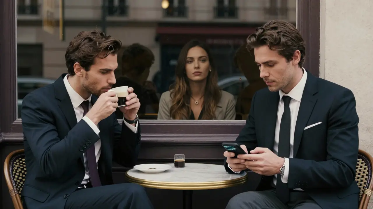 Two men in suits in a Paris café, one glancing at his phone as an escort watches silently from the window.