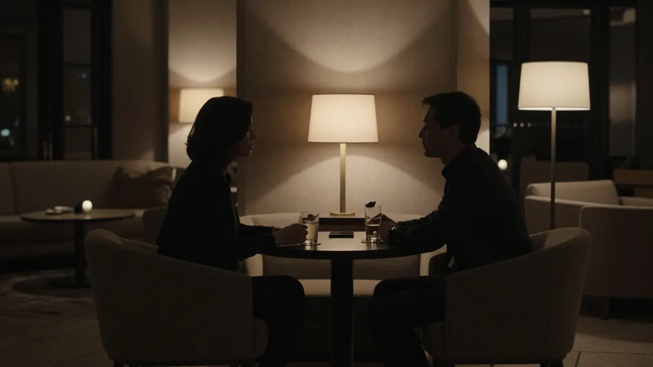 Two people conversing in hotel lounge