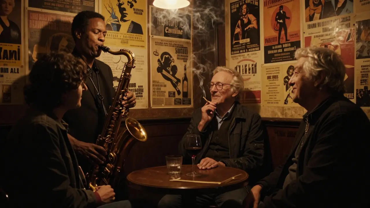 Two people share a quiet moment in a dimly lit Paris jazz bar at midnight.
