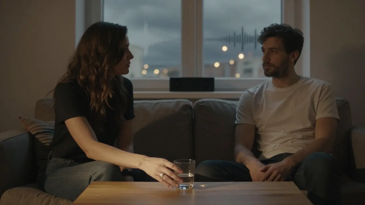 Two people sit in quiet connection in a softly lit Berlin apartment, a glass of water between them, storm sounds faintly audible.