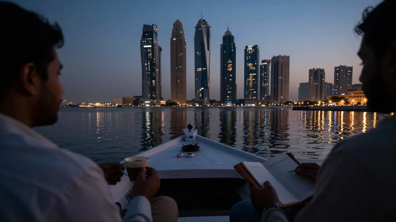 Two silhouettes on a dhow boat at dusk, reflecting the glowing skyline of Dubai.