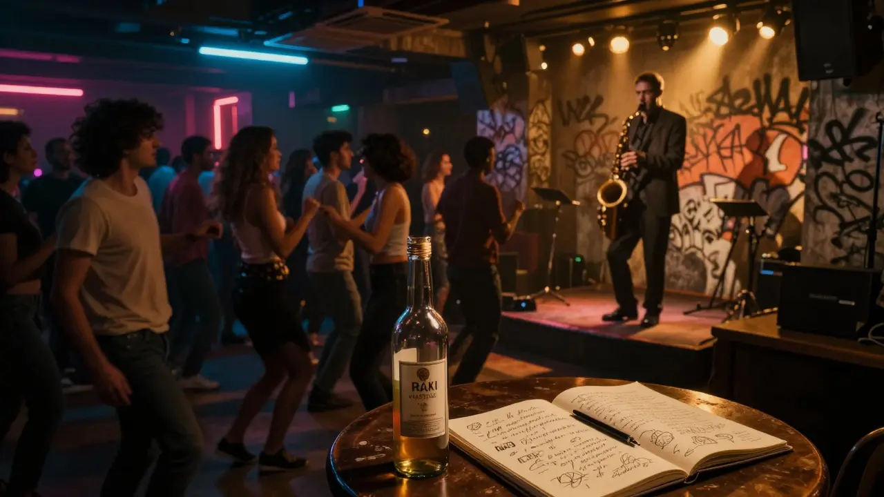 Underground club in Kadıköy with dancers under neon lights and a saxophone player on stage.