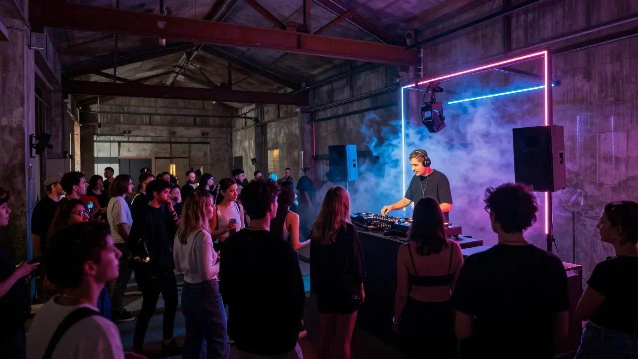 Underground club in Zona Tortona with industrial architecture and dancers lost in electronic music.